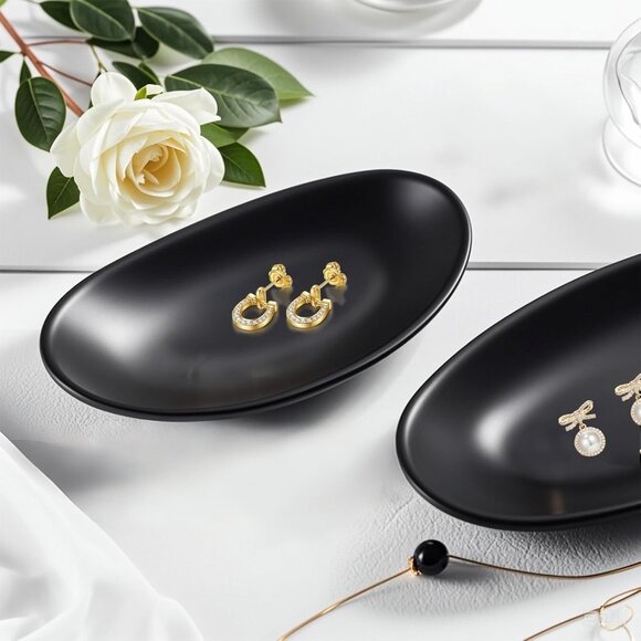 Black Ring Jewelry Tray Organizer Decorative Oval Dish for Dresser and Key Bowl - Picture 6 of 8